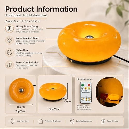 MIXL Orange Donut Table Lamp,Ambient Lighting Lamp,Aesthetic Room Decor | Blown Glass Lampshade,Stepless Dimming,Touch and Remote Control,Ideal for Gift,Suit for Living Room,Mid Century Modern Style thumbnail 2