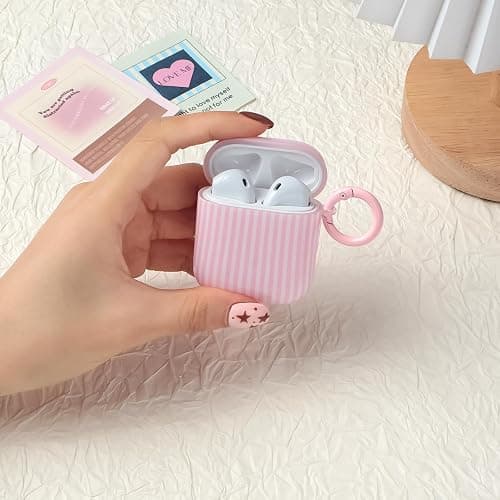 Fycyko for AirPod 2/1 Generation Case Cute Striped Trendy Aesthetic Glossy Shockproof Protective Case for AirPod 2/1 with Cleaner Kit-Pink thumbnail 6