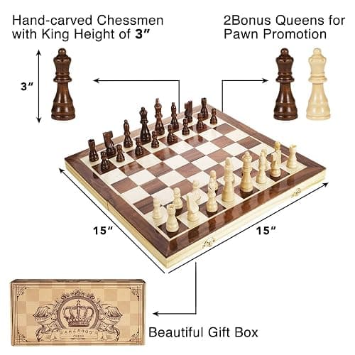 AMEROUS 15 Inches Magnetic Wooden Chess Set - 2 Extra Queens - Folding Board - Pieces Storage Slots, Handmade Portable Travel Chess Game - Beginner Chess Set for Kids, 6 up Age thumbnail 4