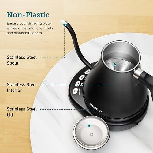 COSORI Electric Gooseneck Kettle with 5 Temperature Control Presets, Pour Over Kettle for Coffee & Tea, 1200W Quick Heating, 100% Stainless Steel Inner Lid & Bottom, 0.8L Tea Kettle, Matte Black - Gooseneck Kettle Black - Matte Black - 0.8 Quarts thumbnail 6