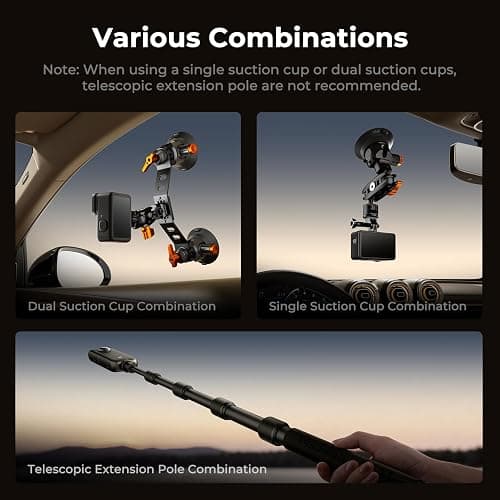 K&F CONCEPT Triple Suction Cup Car Mount for Camera, Heavy Duty 3-in-1 Kit | 15° Curved Surface Adjustment, Extension Pole & Phone Holder, Compatible with Insta360 X5/X4 GoPro DJI Action, MS44 thumbnail 5