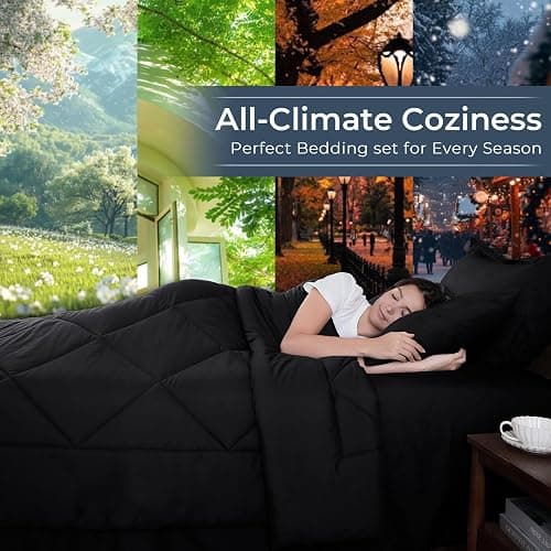 HEVUMYI 7 Pieces Queen Comforter Set, All Season Reversible Bed in a Bag, Ultra Soft Queen Bedding Set with Grey Comforter, Flat Sheet, Fitted Sheet, Pillowcases, Pillow Shams, Black thumbnail 4
