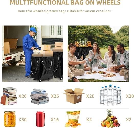 (Large, Black) Reusable Grocery Bag on 5 Wheels, Foldable Rolling Tote Carries Up to 76lb Shopping Trolley, Rolling Bag with 3 Handles, Zipper Clouser Rolling Tote Bag with Wheels for Laundry thumbnail 6