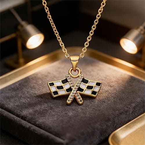 QLYOVWE Checkered Racing Flag Pendant Necklace for Women and Racing Fans Black and White Enamel Crystal Necklace Gold Fashion Jewelry Gifts thumbnail 5