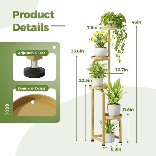 Bamworld Corner Plant Stand Indoor Outdoor, Tall Metal Flower Pot Stands for Multiple Plants, 4 Tier Gold Heavy Duty Plant Shelf for Patio Garden Balcony Living Room Bedroom(Patent Design) thumbnail 2