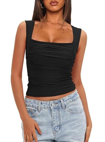 Darong Women's Padded Ruched Tank Tops Built in Bra Summer Double Lined Sleeveless Going Out Crop Tops Shirts thumbnail 6