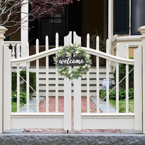 Dremisland 16 Inch Eucalyptus Leaves Wreath,Artificial Green Leaves Wreath with Welcome Sign Board for Front Door Window Farmhouse Garden Festival Celebration Home Decoration (Black) thumbnail 2