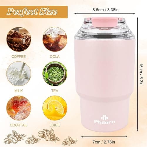 Philorn Coffee Cup Travel Mug, 14OZ/400ml Insulated Coffee Cup | with Double Wall, Reusable Coffee Cups with Lid & Straw, Pink Travel Cup for Hot and Cold Drinks thumbnail 2