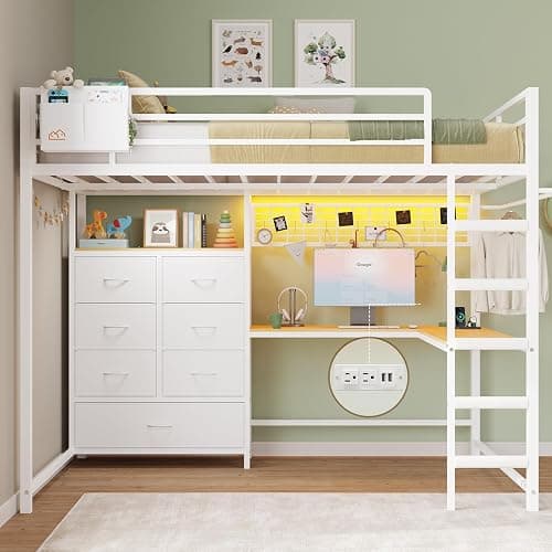 DICTAC Full Loft Bed with L-Shaped Desk and 7 Storage Drawers, Metal Full Size Loft Bed for Teen with LED Lights and Charging Station,13.11" H Safety Guardrail and Ladder,No Box Spring Needed, White - Image 1