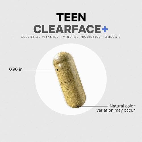 Codeage Teen Clearface Adolescent Face, Skin & Pimples, Vitamins A, C, D3, E, Pantothenic Acid, Niacin, Zinc Supplement Teenagers, Probiotics, L-Lysine, Omega-3, Oily Skin, Pores, Spots - 60 Capsules thumbnail 8