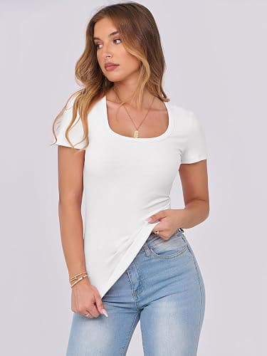 ANRABESS Women Short Sleeve Tops Scoop Neck Ribbed Knit Slim Fitted Basic Tee Shirts Casual Summer Clothes 2025 Fall Outfits thumbnail 7