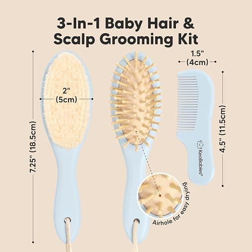 Baby Hair Brush Set for Newborns - Soft Goat Bristle Wooden Baby Brush and Comb Set Newborn Grooming Kit for Cradle Cap, Durable & Gentle, Boy, Girl Infant Essentials Care Kit (Oval, Frost) thumbnail 2