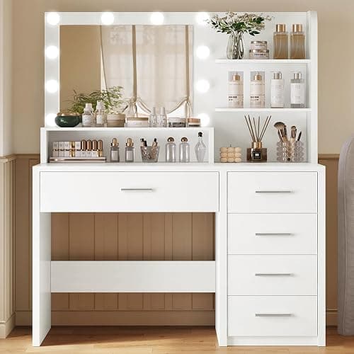 FIONESO Vanity Desk with Mirror and Lights, Makeup Vanity with 5 Drawers and 3 Storage Shelves, 3 Color Modes & Adjustable Brightness Dressing Table, Vanity for Girls, White thumbnail 8
