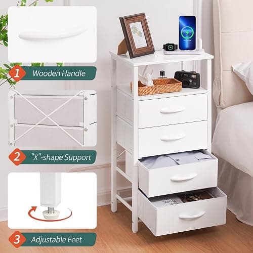 Yoobure Night Stand - LED White Nightstand with Charging Station, Bedside Table with 4 Storage Drawers and Storage Shelf, End Table with USB Ports and Outlets, Tall Dresser for Bedroom - White thumbnail 6