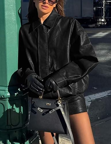 PRETTYGARDEN Women's Faux Leather Motorcycle Jacket Trendy Fall Spring Clothes Oversized Zip Up Winter Coat Outerwear thumbnail 8