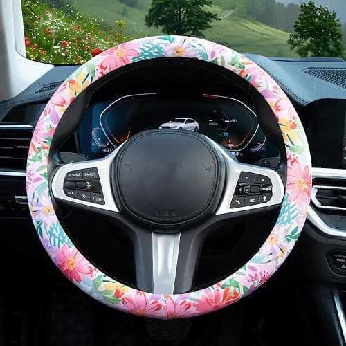 60s Multicolored Ditsy Vintage Flowers Steering Wheel Cover Auto Steering Wheel Protector, Anti-Slip, Breathable, Absorbing Sweat, Universal Car Accessories 14.5–15 inch,Fit for Most Car, Trucks, SUV - HTFXPT4 thumbnail 2