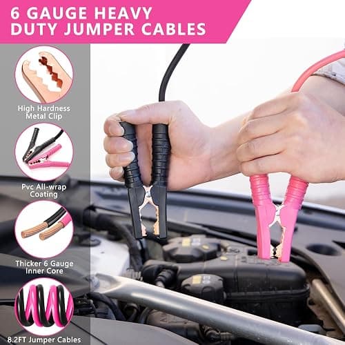 HLWDFLZ Car Emergency Kit with Portable Air Compressor - Roadside Assistance Emergency Kit with Jumper Cables, First Aid Kit, Auto Tool Set, Winter Safety Kit for Women, Men, Teen (Pink) thumbnail 4