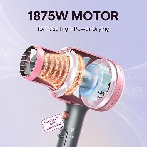 Wavytalk Hair Dryer, Blown Away Ionic Hair Dryer for Curly Hair with Diffuser, 1875W Fast Drying Blow Dryer with Ceramic Technology, 3 Attachments for All Hair Types, Light and Quiet, Rose Gold thumbnail 4