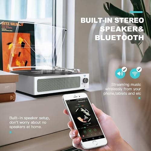 Vinyl Record Player with Speakers Vintage Turntable for Vinyls Records, Belt-Driven Turntable Support 3-Speed, Wireless Playback, Headphone, AUX-in, RCA Line LP Vinyl Players for Sound Enjoyment White thumbnail 4