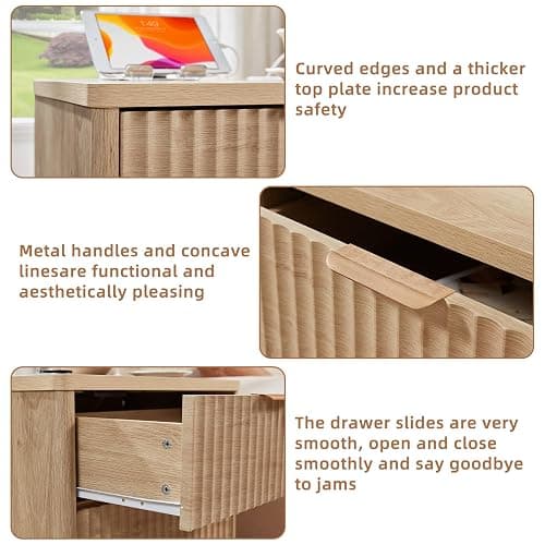 LEYAOYAO 23" Wide Fluted Farmhouse Night Stand Set of 2 with Charging Station, 3 Drawers Large End Table w/Metal Handle, Natural Nightstand Bedside Table,Wood Dresser for Bedroom, Closet thumbnail 8