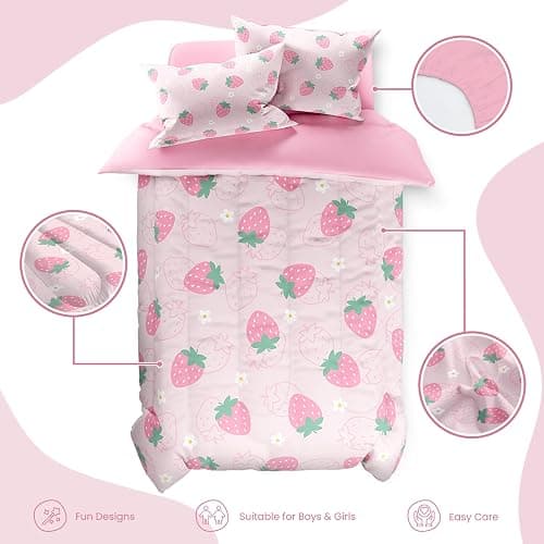 SANDJEST Strawberry Comforter Set Twin Size 68x86in for Kids Girls, Microfiber 3 Pcs Bedding Set Includes 1 Comforter, 1 Pillowcase, 1 Fitted Sheet, Nursery Room Decor thumbnail 2