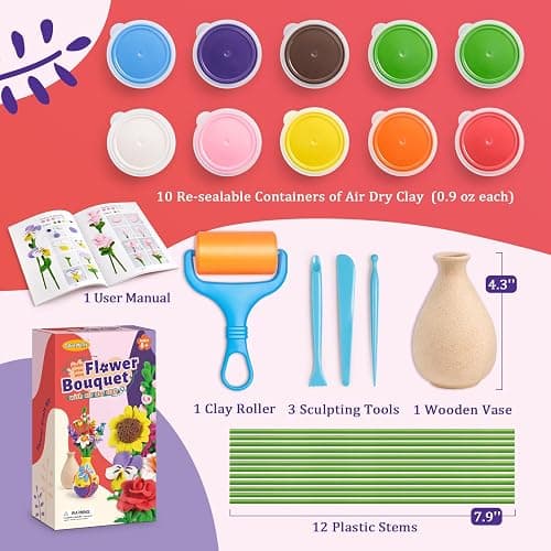 Drama Planet Flower Craft Kit for Kids, Make Your Own Flower Bouquet with Air Dry Clay, Arrange Clay Flowers & Create Personalized Art, Great Gifts for Girls thumbnail 2