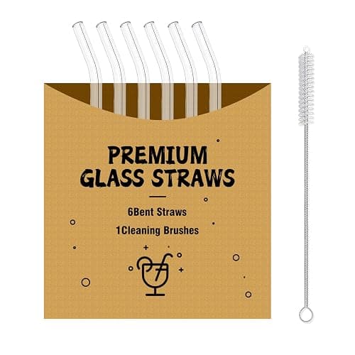 DAMCONME Glass Straws 6 Pack,Reusable Clear Drinking Straws Set-6 Bent Straw, with 1 Cleaning Brush, Reusable Straws for Glass Cups, Iced Coffee Cups with Lids,Smoothie Cup - Image 1