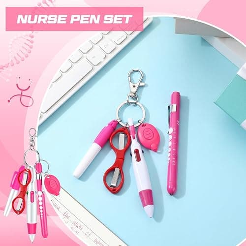 MotiMind 6 Pcs Nurse Pen Set RN Badge Accessories Essentials, Pink | Nurse Marker Pen, Retractable Ballpoint Pen, Keychain Clip, Foldable Scissors, LED Flashlight, Nurse Accessories thumbnail 5