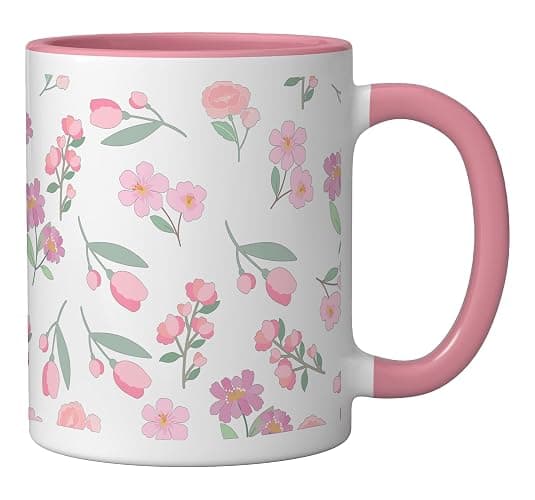 Pink Floral Girly Garden Pattern Coquette Aesthetic Ceramic Mug, Pink/White thumbnail 3