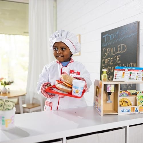 Melissa & Doug Slice-Stack-Serve, Wooden Sandwich Counter Pretend Play Store with Play Food Toys, Play Money & Deli Slicer, Preschool Toys for Kids 3+ thumbnail 2