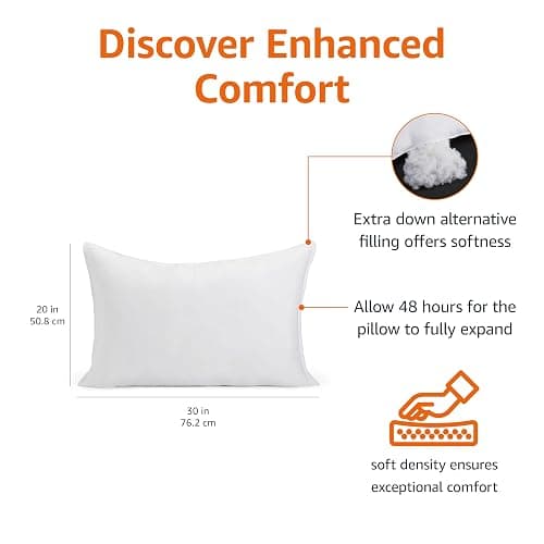 Amazon Basics Down Alternative Pillows, Soft Density for Stomach and Back Sleepers, Queen - Pack of 2, White, 30 in L x 20 in W thumbnail 2