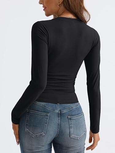 Trendy Queen Long Sleeve Shirts for Women 2025 Fall Fashion V Neck Basics Crop Tops Slim Fitted Y2K Tops Outfits Clothes thumbnail 4
