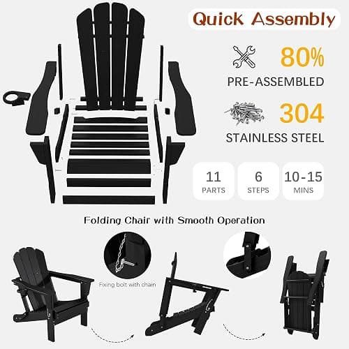 Domi Folding Adirondack Chair Set of 2, HDPE All-Weather Adirondack Chairs with Cup Holder, Outdoor Plastic Fire Pit Chairs Wood Texture for Poolside, Patio, Backyard, Deck (Black) thumbnail 8