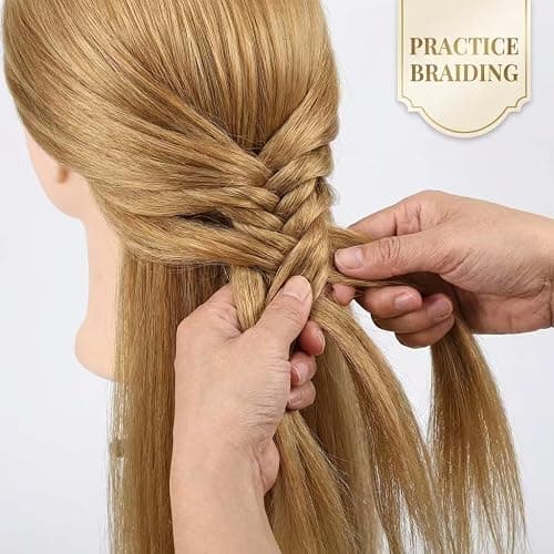 100% Real Hair Mannequin Head Training Head Manikin Cosmetology Doll Head for Hairdresser Practice Braiding Hair Styling with Clamp stand (26-28inch) thumbnail 5