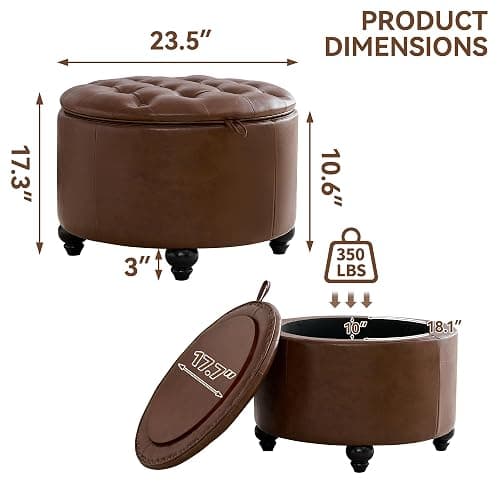 WUTUTUEE 24Inch Round Storage Ottoman with Tray, Modern Tufted Leather Circle Coffee Table with Storage, Upholstered Ottoman with Removable Top for Living Room, Bedroom, Leather Coffee thumbnail 2