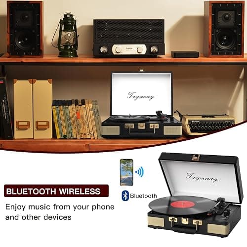 Trynnay Tourne-Disque Bluetooth à 3 Vitesses - Lecteur Portable en Vinyle avec Haut-parleurs intégrés - Tourne-Disque - Son Audio amélioré Noir Vintage thumbnail 3
