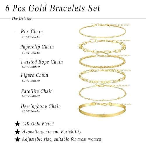 MKLUUO Gold Bracelets for Women, Dainty Adjustable 14K Gold Plated Herringbone Link Bracelet Set Trendy Stack Beaded Paperclip Chain Gold Bracelet Valentine Mothers Day Jewelry Gifts thumbnail 3