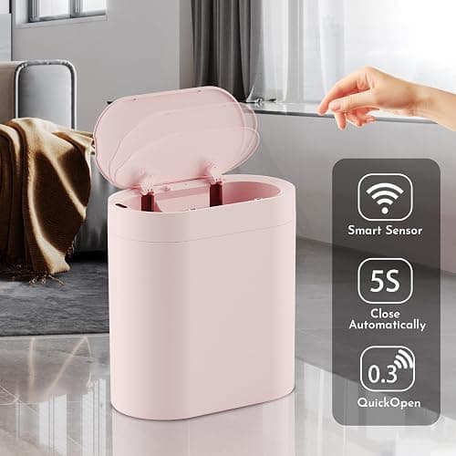 SYNCVIBE Bathroom Trash Can with Lid 2 Gallon Slim Motion Sensor Garbage Can Narrow Automatic Plastic Trash Bin for Bedroom, Living Room, Toilet, Office (Pink) thumbnail 5