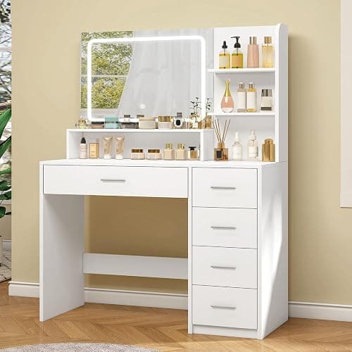 Quimoo Makeup Vanity Desk with LIighted Mirror, Vanity Desk with 5 Drawers & Storage Shelves, Vanity Table, 3 Color Modes & Adjustable Brightness Dressing Table, Bedroom thumbnail 3