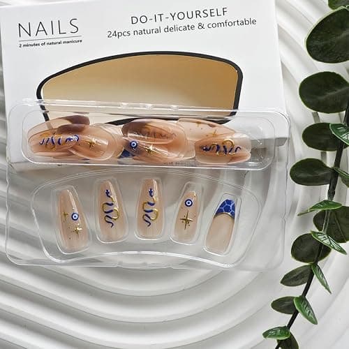 Snake Press On Nails - Medium Almond Blue French Tip False Nails with Silver Line Design, 24pcs - Style08 - 24 Fl Oz (Pack of 1) thumbnail 4