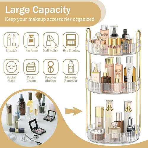 MOKANI 360 Rotating Makeup Organiser, 3 Tiers Spinning Skincare Organiser, Multi-Function Make Up Storage, Large Capacity Cosmetic Perfume Stand for Vanity, Bathroom and Bedroom - Transparent thumbnail 3