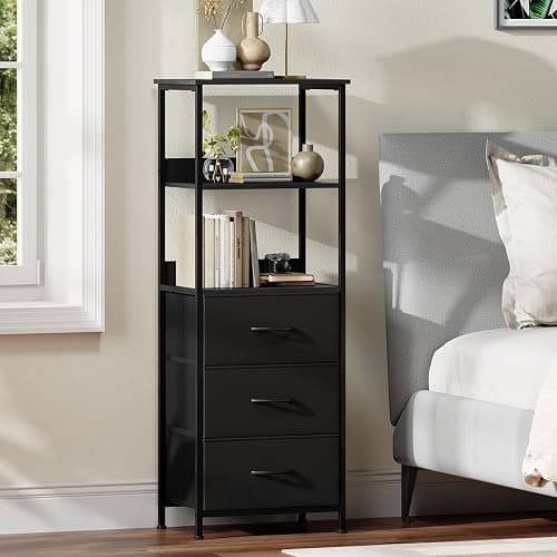 Somdot 3 Tier Bookshelf with Drawer, Tall Bookcase with Shelves, Bookshelf Desktop Organizer, Display Standing Shelf Units for Living Room, Bedroom, Study Room, Black thumbnail 6