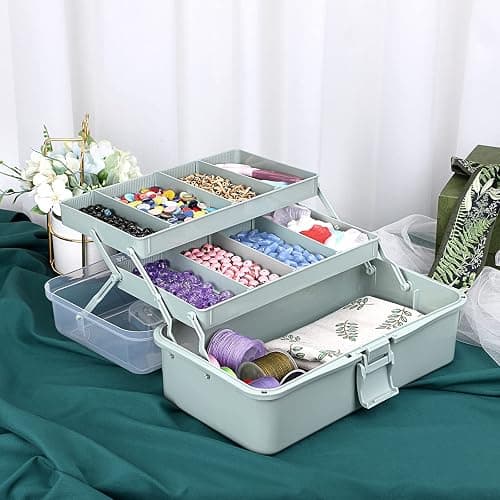 BTSKY 3-Layer Plastic Dividing Storage Box Craft Organizer and Storage with Adjustable Spacers Portable Handled Art Supply Organizer Multipurpose Home Utility Box for Medicine Sewing(Haze Green) thumbnail 6