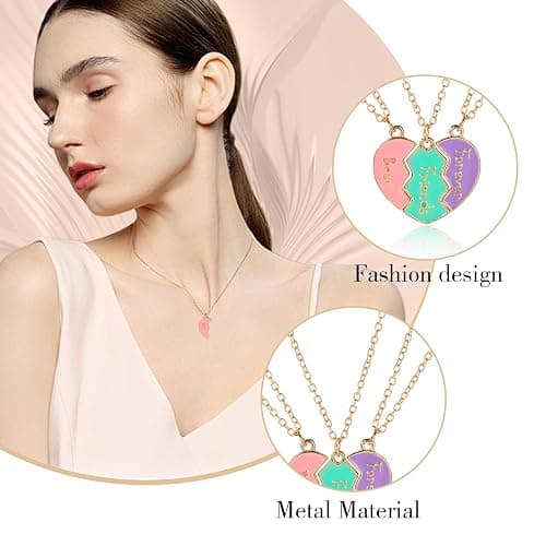 Azushwer Friendship Necklace for 3 Girls, Heart Openwork Sticking Magnetic Best Friend Necklace Pendant for Women Friendship Jewellery Gift, Multicoloured, Best Friend Forever Gift thumbnail 5
