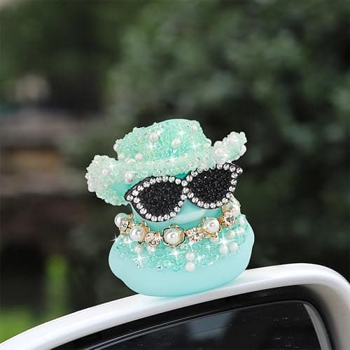 wonuu Color Diamond Funny Rubber Duck Car Ornaments Dashboard Decorations for Car Accessories Single-Character Pearl and Diamond Necklace, Blue thumbnail 2