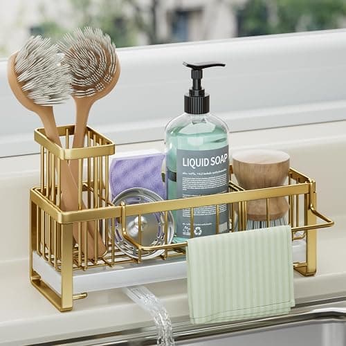 HapiRm Sponge Holder for Kitchen Sink - Self-draining Sink Caddy with Brush Holder and Dishcloth Holder, Stainless Steel Kitchen Organizer for Countertop - Gold - Image 1