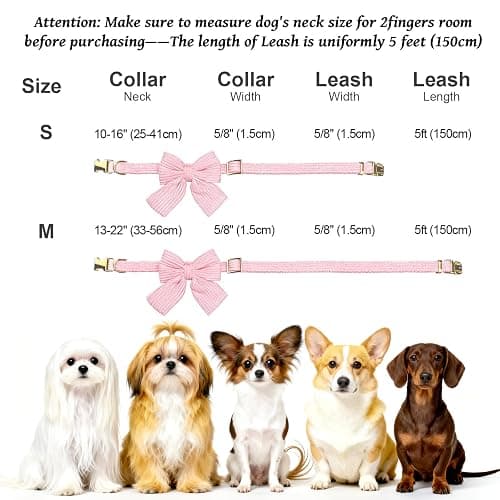 RoseYouth Dog Collar and Leash Set with Bowtie, Soft & Cute Puppy Collar, Cotton Puppy Collar with Adjustable Metal Buckle for Small, Medium Dog (White, Size S: Neck 10"-16") thumbnail 7