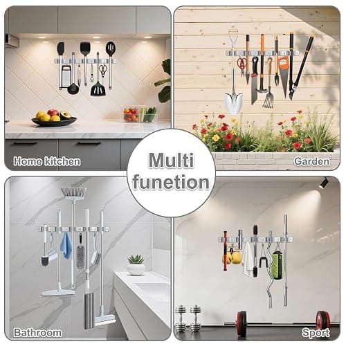 Broom Holder Wall Mount, Broom Organizer Wall Mount Stainless Steel Broom and Mop Hanger Heavy Duty Storage Organization for Home Kitchen Garden Garage Room 5 Racks 4 Hooks thumbnail 5