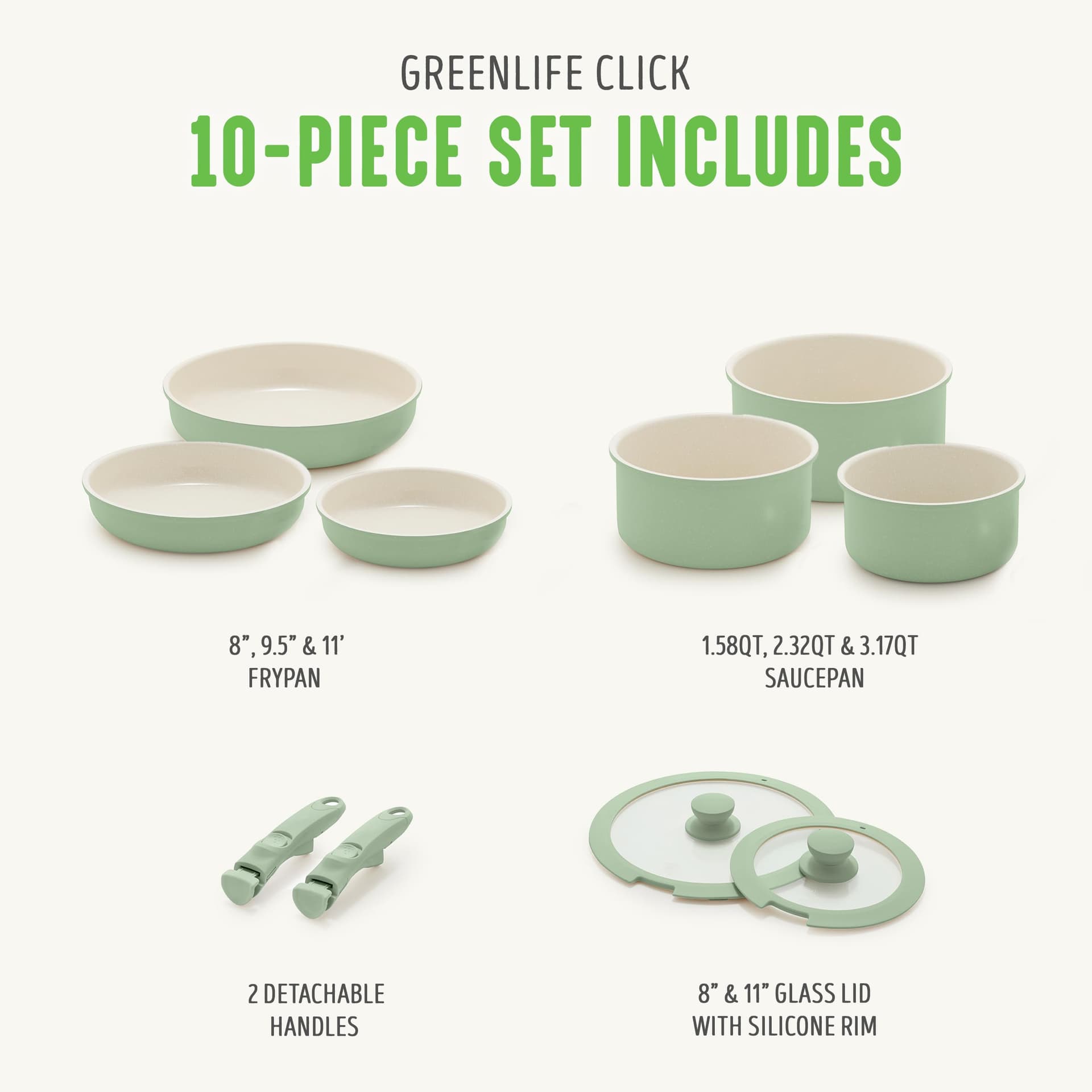 GreenLife Click 10-Piece Ceramic Nonstick Cookware Set, Detachable Handle, Stackable Space Saving Kitchen Essential, Non Toxic PFAS-Free Pots & Pans, Induction & Oven Safe, Glass Lid, Sage Green thumbnail 3