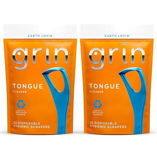 GRIN Tongue Cleaner, 32 Count, Disposable Tongue Cleaner, Hygienic Scraper, Recycled Plastic, Clean Tongue, Promote Fresh Breath, Includes Safe Fold- Back Tooth Pick (Pack of 2) - Image 1
